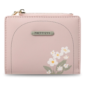 Portafoglio Donna Corto in Pelle PU Stampa Floreale Bifold Porta Carte Con Etichetta in Metallo Cerniera Tasca Monete Clutch