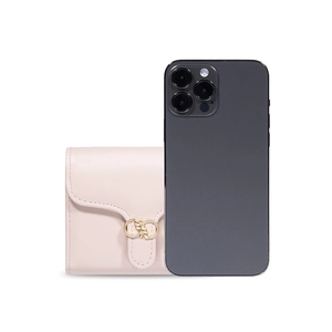 Short tri-fold wallet size comparison next to a smartphone with gold buckle detail