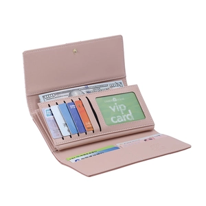 Pink matte PU leather tri-fold long wallet for women with multi-card slots and photo window