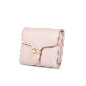 Detail view of pink trifold wallet with gold double ring buckle and multi-card slots