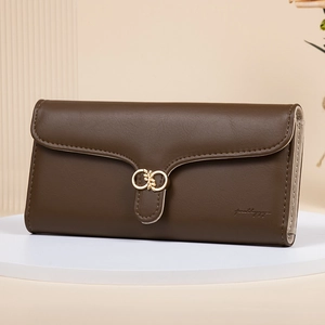 Detail of a brown PU leather wallet featuring a gold leaf metal buckle and brand logo
