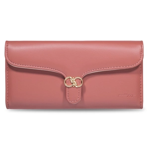 Detail of dusty pink long wallet featuring golden leaf metal clasp and premium PU leather