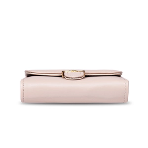 Pale pink PU leather tri-fold wallet with gold hardware and detailed stitching
