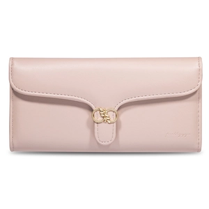 Detail of light pink long wallet with interlocking gold buckle and textured leather finish