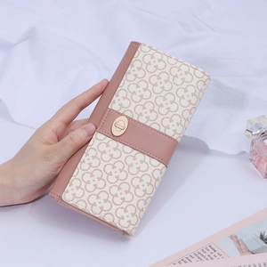 Elegant long PU leather wallet for women with clover pattern and metal twist lock