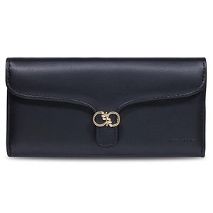 Close-up of black leather long wallet featuring a golden leaf metal buckle and fine texture