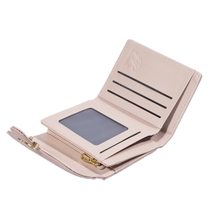 Compact tri-fold pale pink faux leather wallet with multiple card slots and zipper pocket