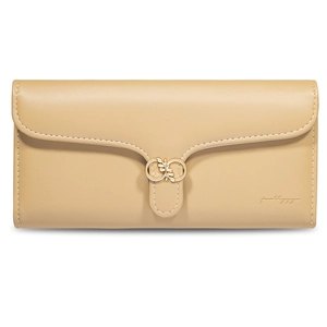 Detail of beige long PU leather wallet with golden clasp and visible stitching