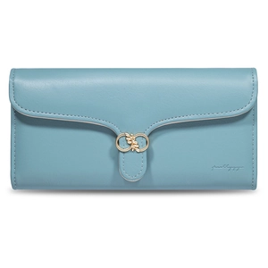 Detail view of long grey-blue faux leather wallet with golden leaf buckle and logo