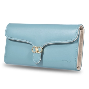 Detail view of sky blue PU leather wallet with golden metal interlocking buckle and fine stitching
