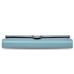 Detail view of the Morandi blue long wallet showing multi-layer fold and gold hardware