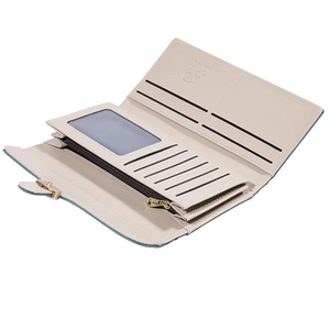 Tri-fold beige and blue PU leather wallet for women with multi-card slots and coin pocket
