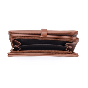Deep brown leather long wallet for women with top zipper pocket and snap button closure