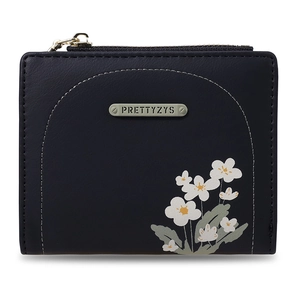 Dettaglio del portafoglio in pelle PU blu navy con stampa floreale e chiusura con zip in metallo