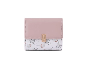 Detail of floral printed PU leather wallet with rose gold buckle and metal leaf engraving