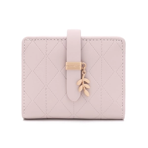 Pink quilted PU leather RFID card holder with elegant leaf pendant and secure buckle closure