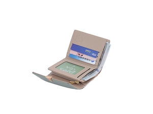 Detail view of mint green tri-fold mini wallet showing card slots and inner compartments