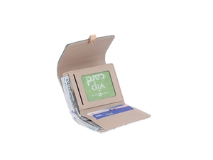 Detail view of tri-fold mint green PU leather wallet with card slots and bill pocket