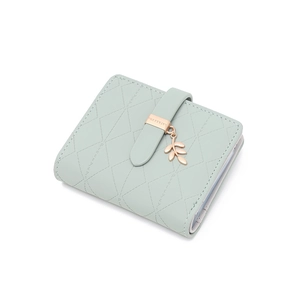 Mint green RFID folding wallet with leaf pendant and elegant diamond lattice stitching