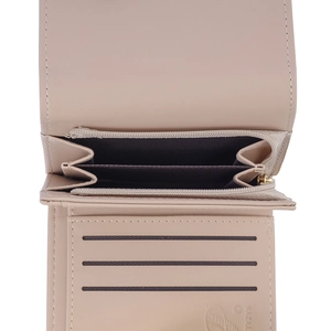Short PU leather wallet with zipper coin pocket and three card slots in beige