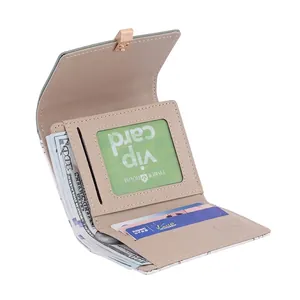 Short mint green PU leather wallet for women with card slots and a clear ID window