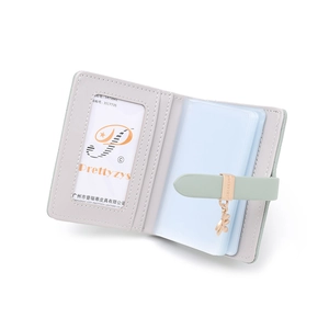 Light green RFID PU leather card holder with plaid pattern and bee charm in minimalist style