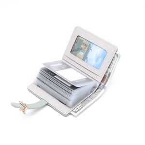 Mint green RFID folding card holder with leaf buckle and multiple card slots for women
