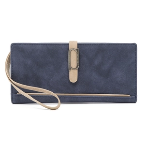 Retro matte long wallet in navy blue with contrast buckle and handle for daily use