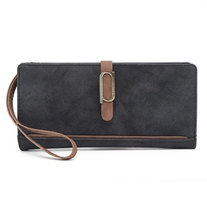 Detail of grey frosted long wallet with brown clasp and bronze P-letter metal hardware