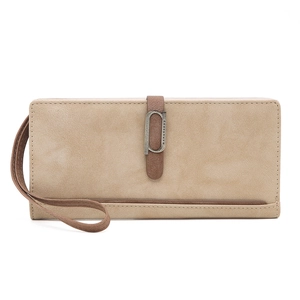 Detail view of khaki long wallet with grain texture and PRETTYZYS metal buckle detail