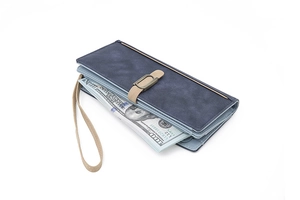 Detailed interior of a deep blue matte long wallet with multiple card and cash slots