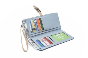 Internal layout of light blue long wallet showing 8 card slots and photo window