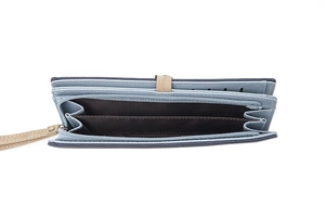 Detailed view of the interior card slots and zipper compartments of this long wallet