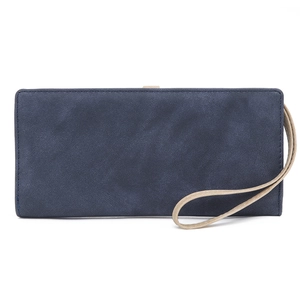 Classic navy blue frosted long wallet for women with detachable beige hand strap