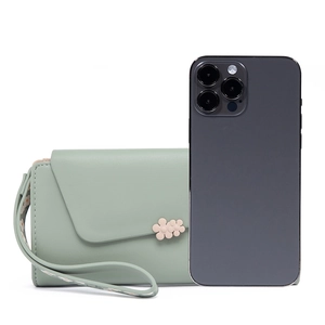 Minimalist long PU leather wallet in dusty green with floral clasp and wrist strap