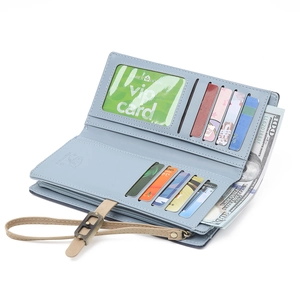 Detailed interior view of a light blue faux leather long wallet with multiple card slots