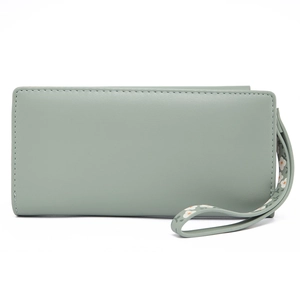 Minimalist long PU leather wallet in sage green featuring a floral patterned wrist strap