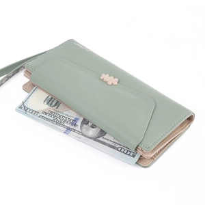 Classic green PU leather long wallet for women with flower clasp and wristlet strap