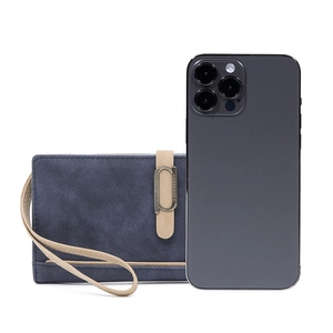 Vintage frosted long wallet in dusty blue with wrist strap and size comparison mobile