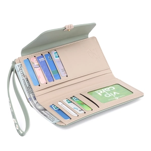 Green long tri-fold wallet with floral strap and multiple card slots on white background