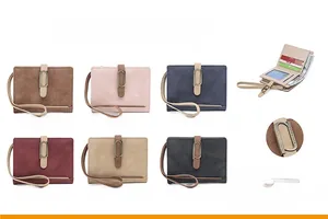 Close-up of matte PU leather women's wallet showing internal card slots and various colors