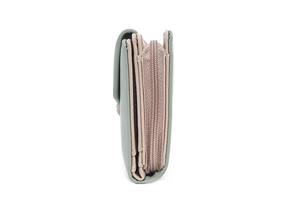 Detail of the light green multi-layer long wallet featuring triple-fold card slots and zipper