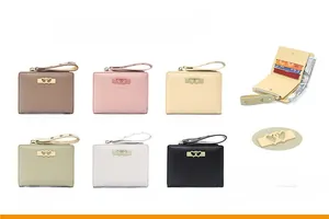 Short leather wallets in six colors with heart-shaped metal buckles and wrist straps