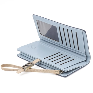 Long vintage matte blue faux leather wallet featuring multi-card slots and a wrist strap