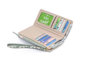 Detail view of long PU leather wallet showing multiple card slots and wrist strap