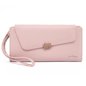 Detailed close-up of pink PU leather wallet with 3D floral accents and wrist strap