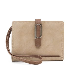 Detail of khaki frosted PU leather short wallet with bronze P-shaped metal hardware