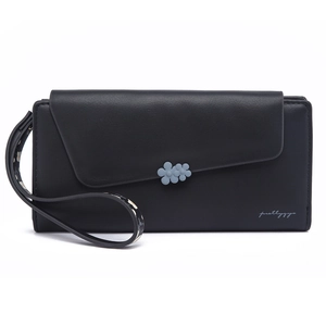 Detail of black long PU leather wallet with light blue floral accents and wrist strap