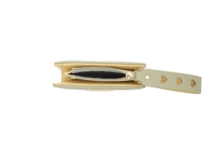 Detail of sage green folding wallet showing interior compartments and heart strap
