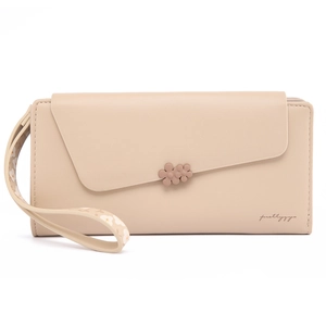 Detail of apricot PU leather wallet featuring 3D floral accents and a floral wrist strap